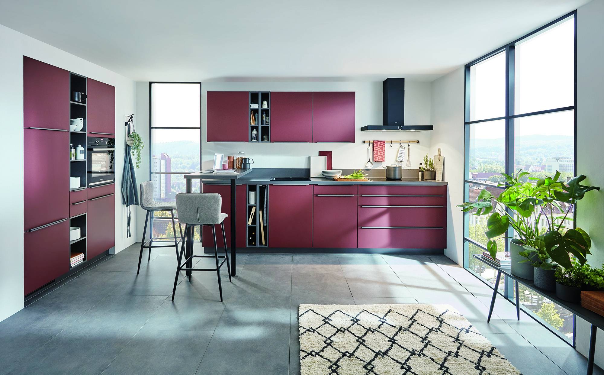Nobilia Matt Burgandy Open Plan Kitchen 2021 | Lead Wolf, Peterborough